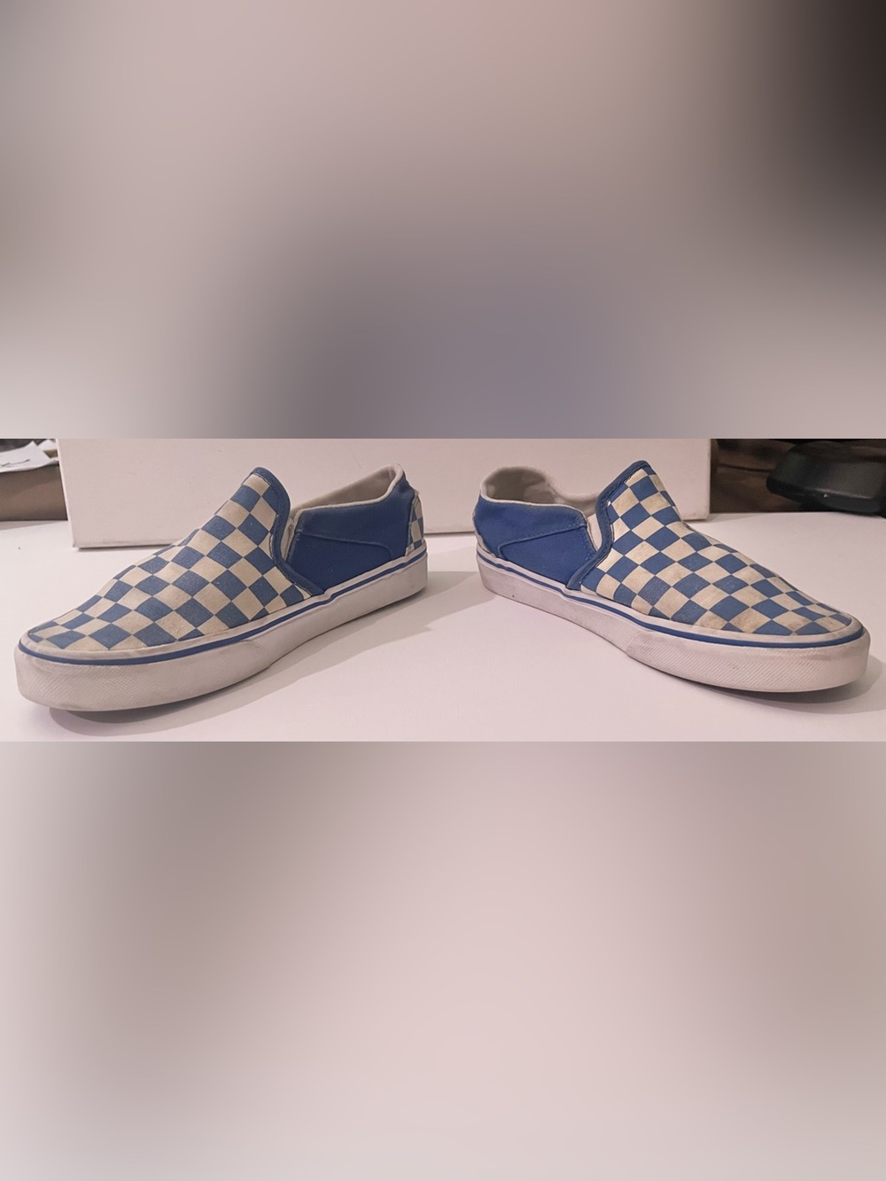 Woman’s Used Slip-On Checkerboard Canvas Sneakers in Blue and White - Picture 2 of 5